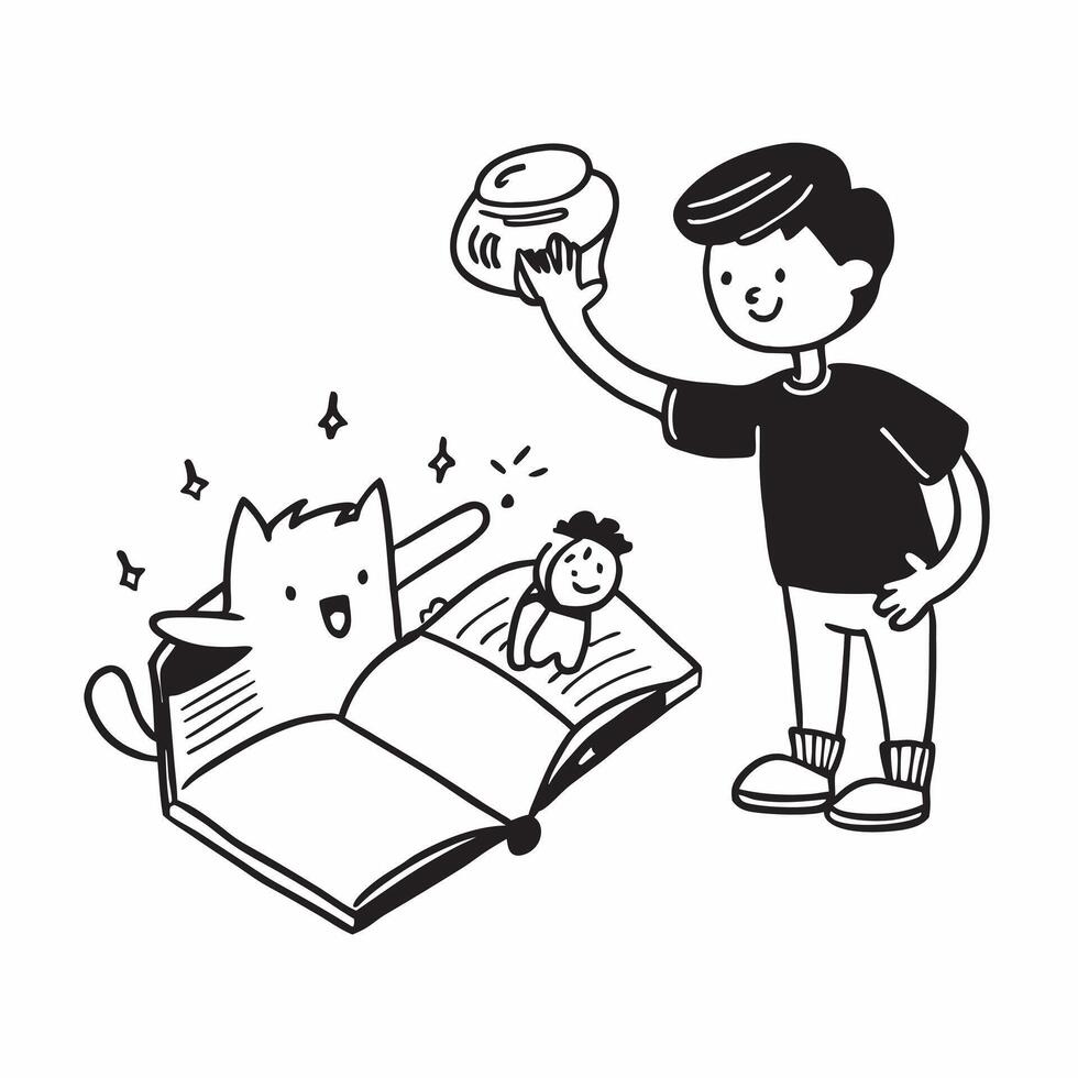 Simple flat design icon Man with autism reading a book with his cat concept as A man with autism joyfully reading a book with his cat by his side showcasing the deep emotional conn Clear vector