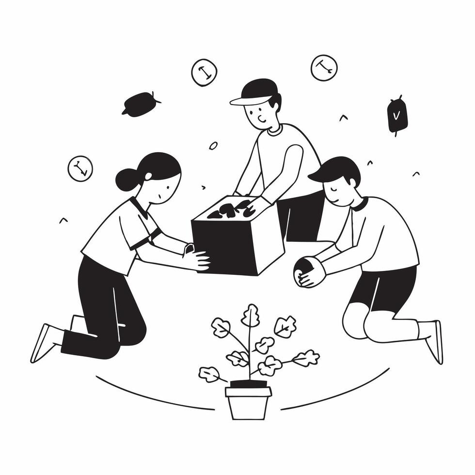 Simple flat design icon Group of volunteers planting trees in a community park concept as A group of volunteers joyfully planting trees in a community park emphasizing environmenta Clear vector