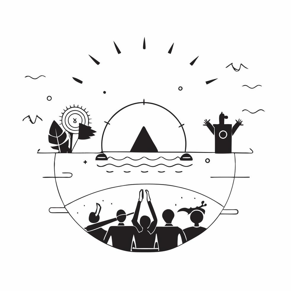 Simple flat design icon Beach Sunset Party concept as A lively beach party unfolds under the stunning spectacle of a sunset with people enjoying the vibrant evening flat illustrat Clear vector
