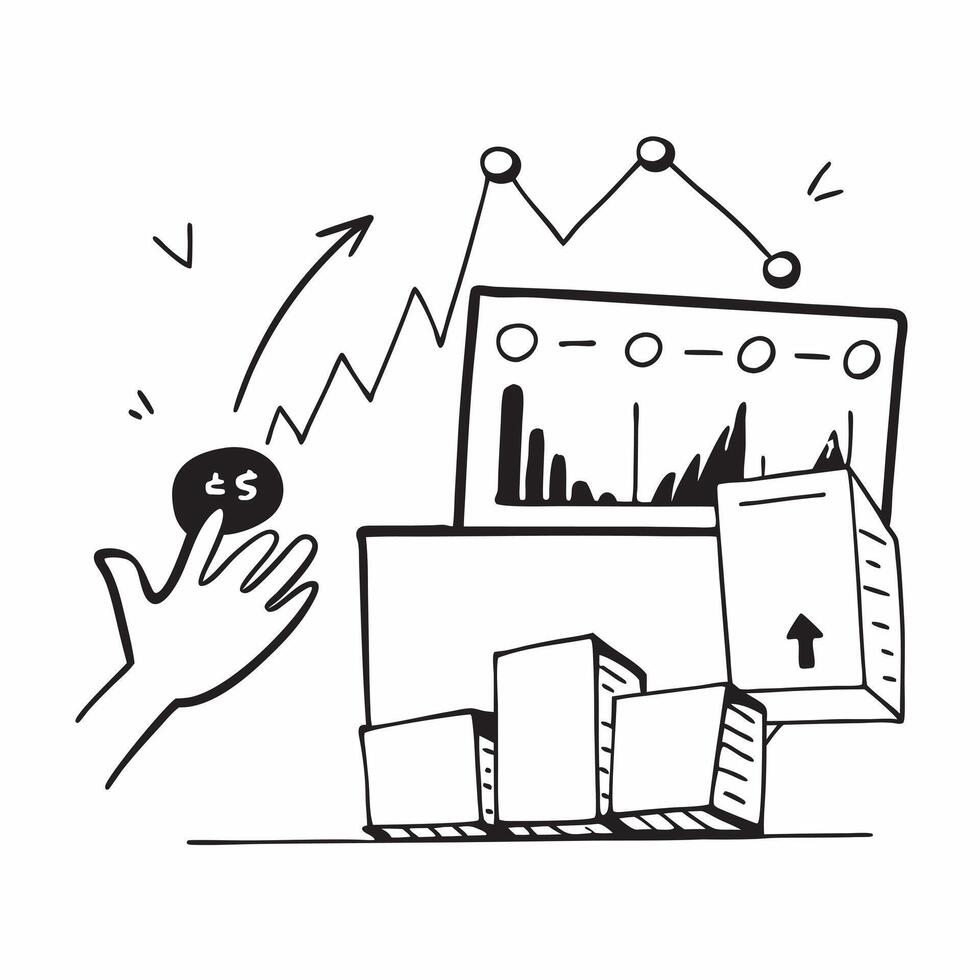Silhouette of a warehouse and a line chart symbolizing inventory forecasting in double exposure with copy space concept as A silhouette of a warehouse intertwined with a line char Clear vector