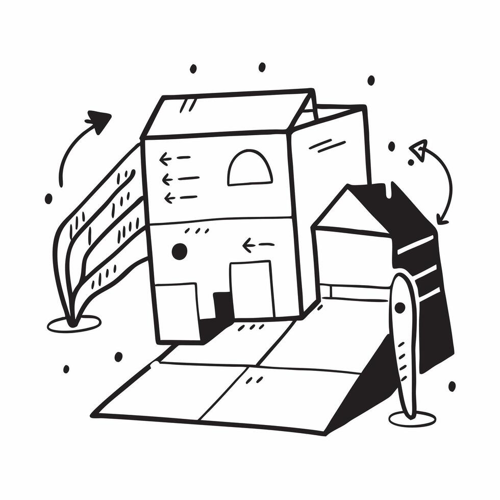 Silhouette of a warehouse and a floor plan symbolizing layout design in double exposure with copy space concept as A silhouette of a warehouse intertwined with a floor plan repres Clear vector