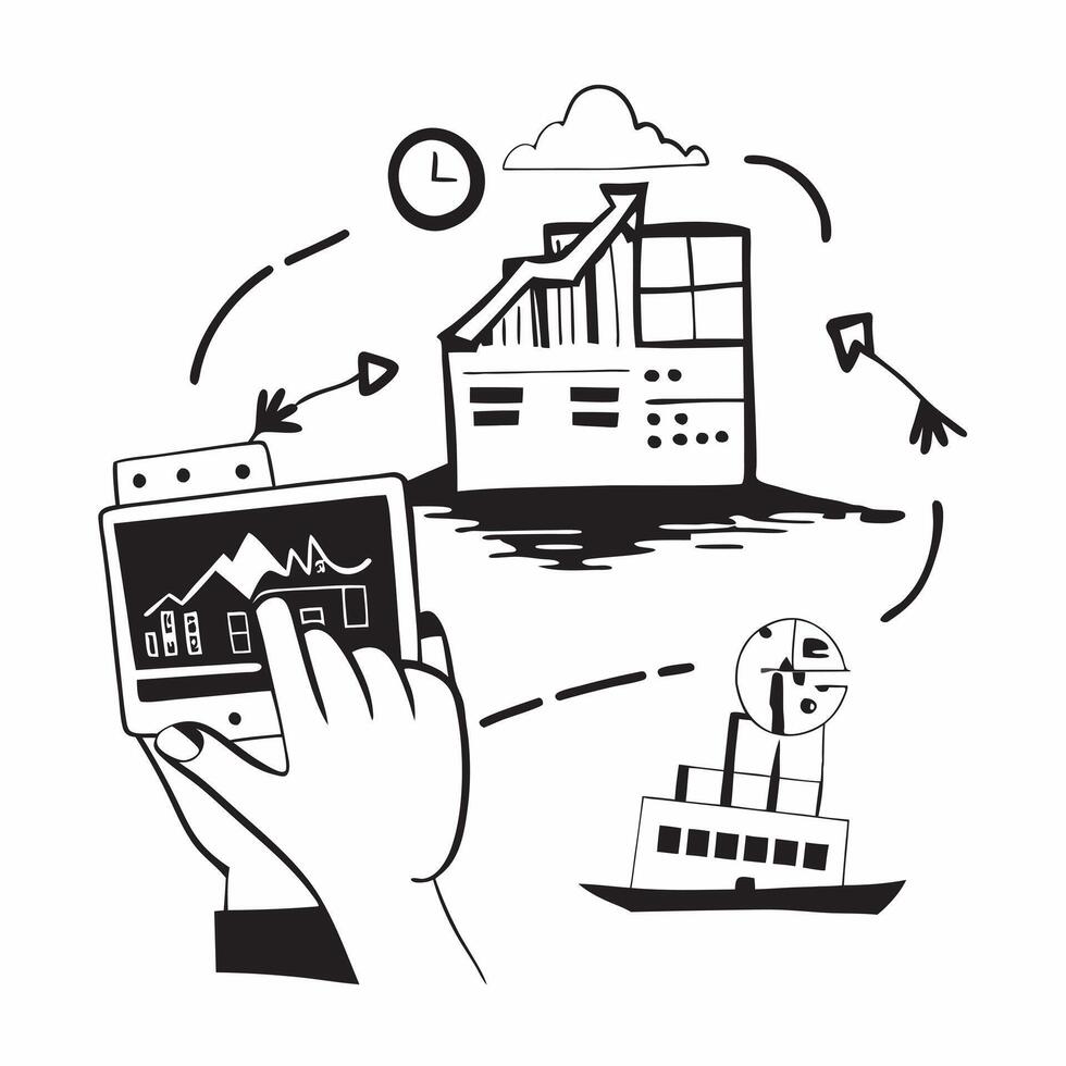 Silhouette of a shipping dock and a forecasting dashboard symbolizing financial forecasting in double exposure with copy space concept as A silhouette of a shipping dock intertwin Clear vector