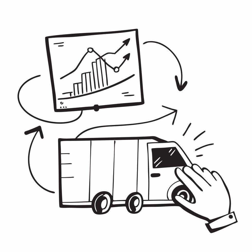 Silhouette of a delivery truck and a trend analysis chart symbolizing distribution forecasting in double exposure with copy space concept as A silhouette of a delivery truck inter Clear vector