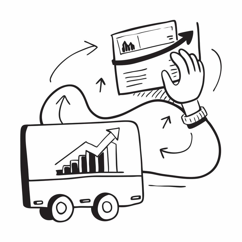 Silhouette of a cargo truck and a profit growth dashboard symbolizing financial growth in double exposure with copy space concept as A silhouette of a cargo truck intertwined with Clear vector