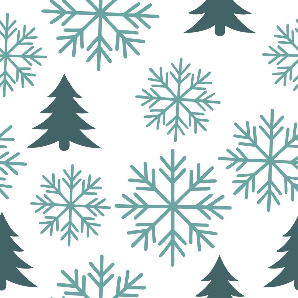Scandinavian snowflakes and pine trees seamless tile pattern with cool tones and minimalist designs for modern decor concept as Cool toned snowflakes and pine trees arranged seamle Clear vector