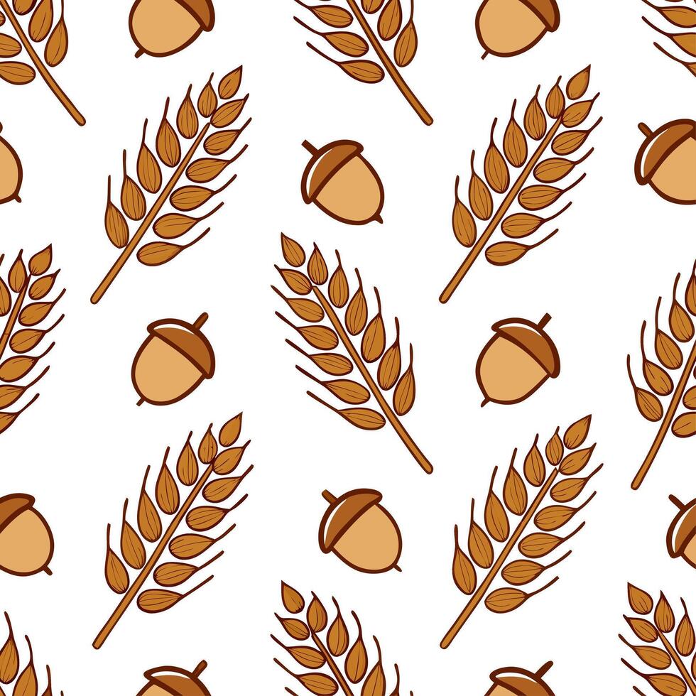 Rustic autumn seamless pattern with wheat stalks acorns and rustic textures for a farmhouse inspired design concept as Farmhouse inspired autumn pattern with wheat stalks acorns an Clear vector
