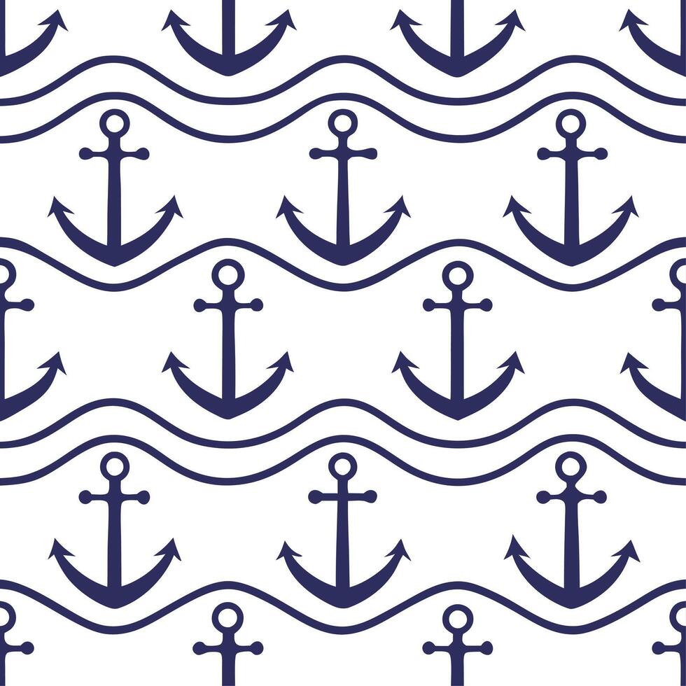 Retro nautical seamless pattern with anchors and waves in classic color schemes for marine themes concept as Classic retro nautical pattern featuring anchors and waves in timeless Clear vector