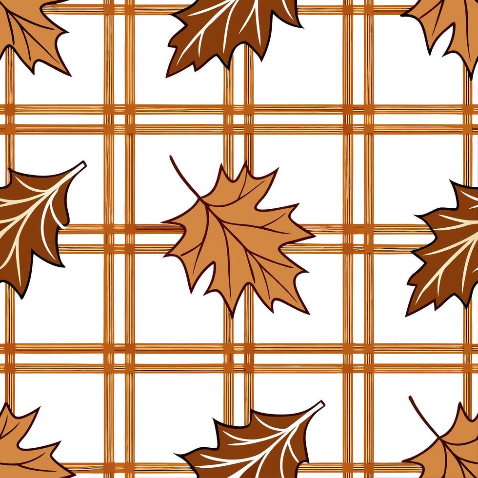 Retro autumn seamless pattern with warm plaid and fall leaf motifs for a nostalgic harvest design concept as Nostalgic autumn pattern with warm plaid and fall leaves perfect for re Clear vector