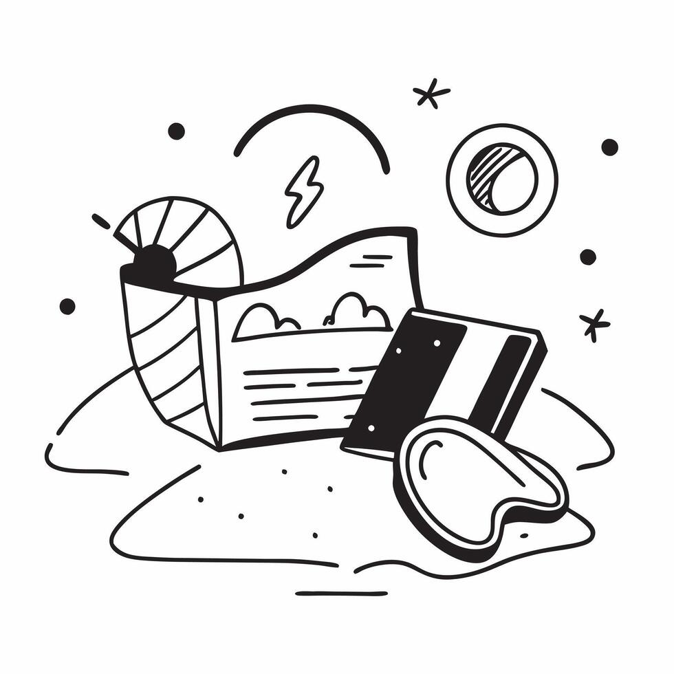 Relaxing beach scene with a straw hat and book concept as A relaxing beach scene with a straw hat and book with ample copyspace for text representing the leisurely and tranquil mom Clear vector