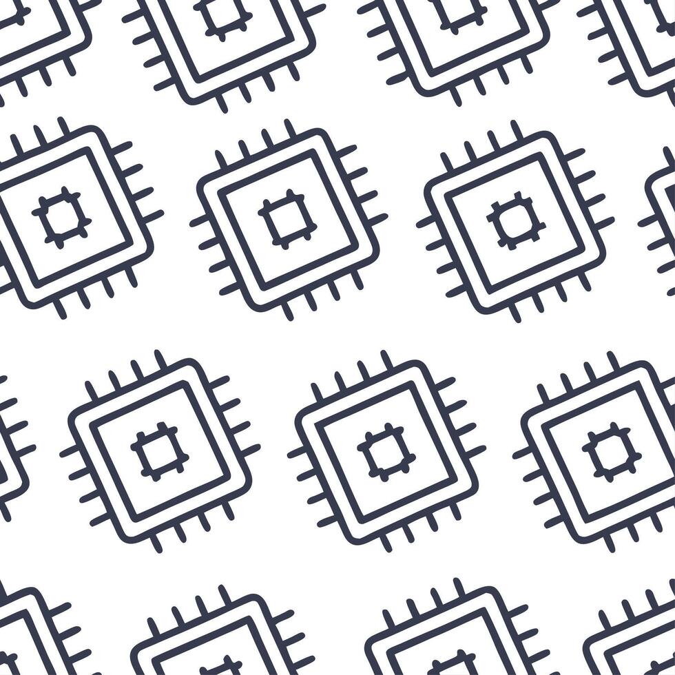 Produce multi layer tile patterns fusing microchip outlines and symbolic tech icons in white squares perfect for software packaging or brand identity concept as Merge microchip str Clear vector