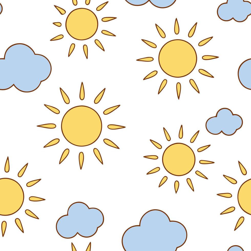 Playful spring sunshine seamless pattern with bright rays and whimsical clouds for fun energetic designs concept as Fun spring sunshine pattern with bright rays and whimsical cloud Clear Set 2 vector