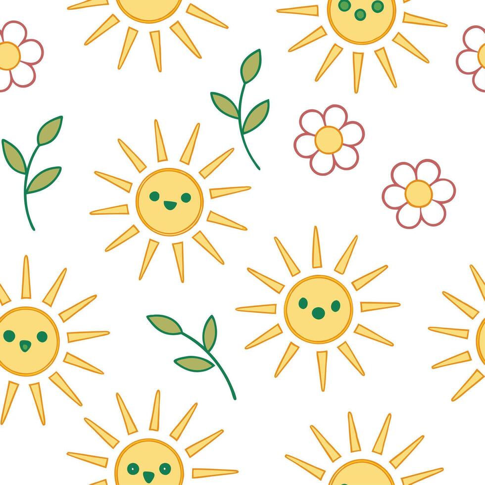 Playful spring sunshine seamless pattern with bright rays and whimsical clouds for fun energetic designs concept as Fun spring sunshine pattern with bright rays and whimsical cloud Clear Set 4 vector