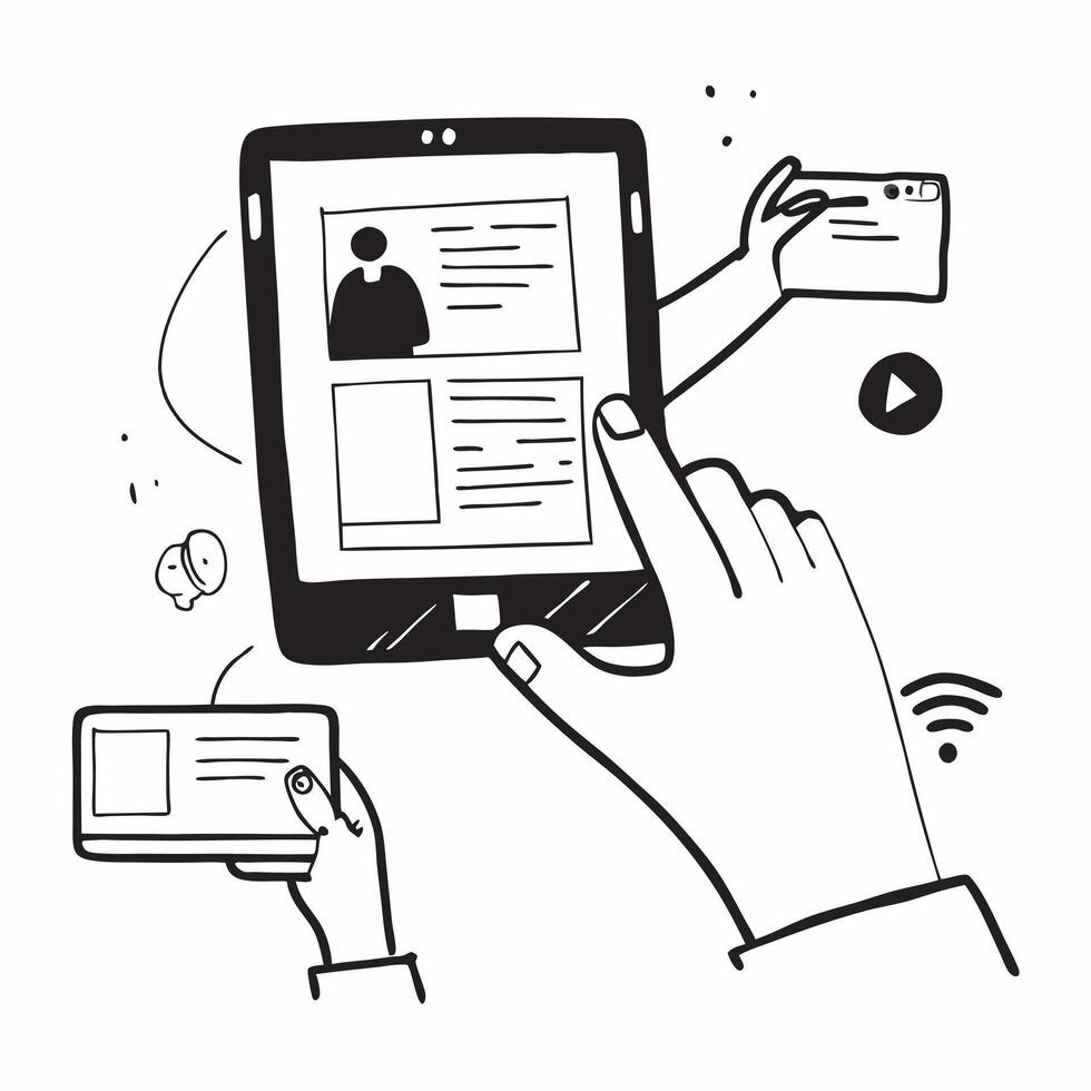 Person using a tablet and a digital collaboration interface symbolizing remote collaboration adoption in double exposure with copy space concept as A person using a tablet blended Clear vector