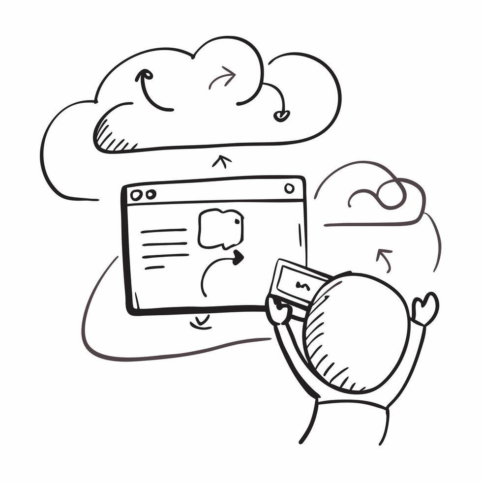 Person using a laptop and a cloud computing interface symbolizing cloud adoption in double exposure with copy space concept as A person using a laptop blended with a cloud computi Clear vector