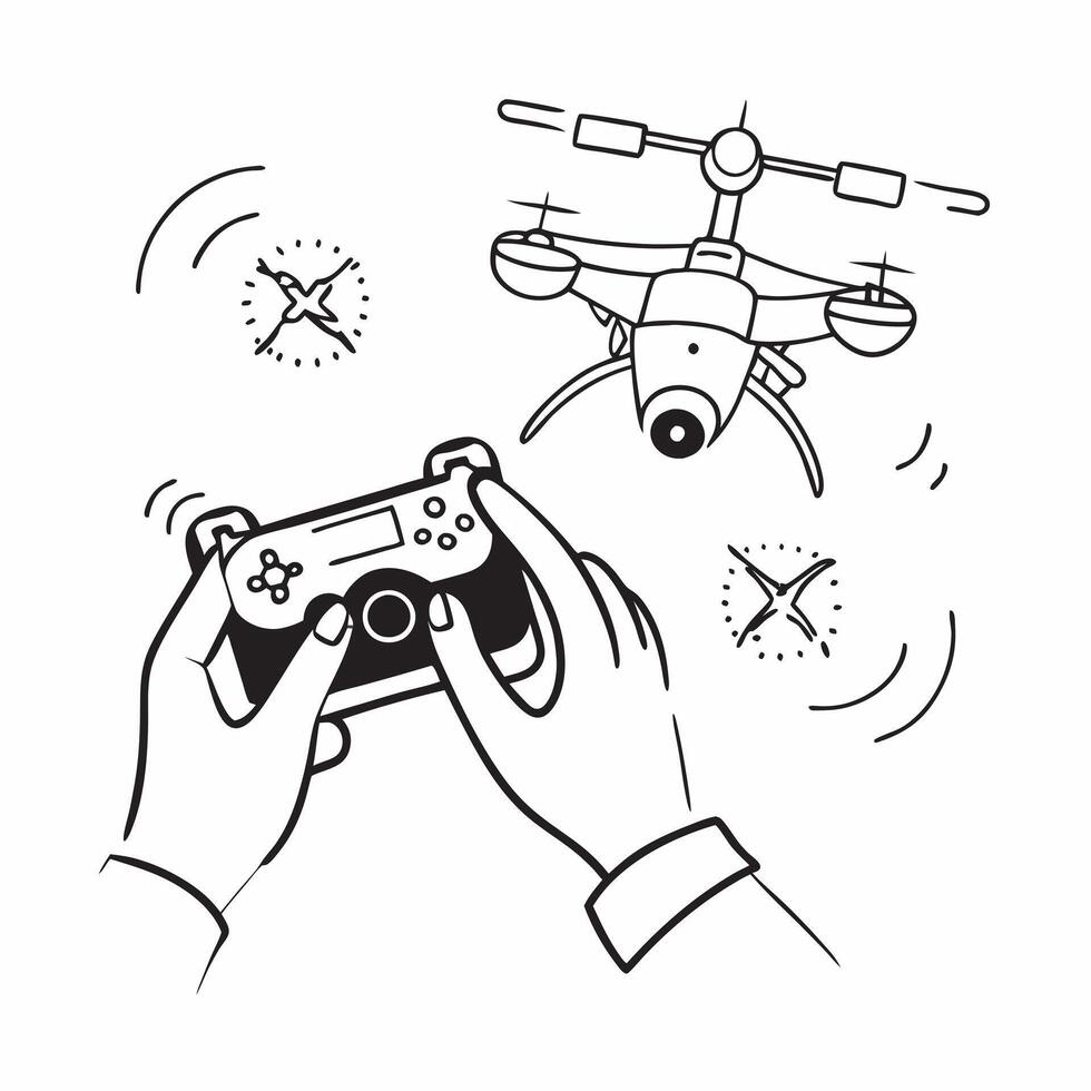 Person using a drone controller and a drone symbolizing drone technology adoption in double exposure with copy space concept as A person using a drone controller blended with a dr Clear vector