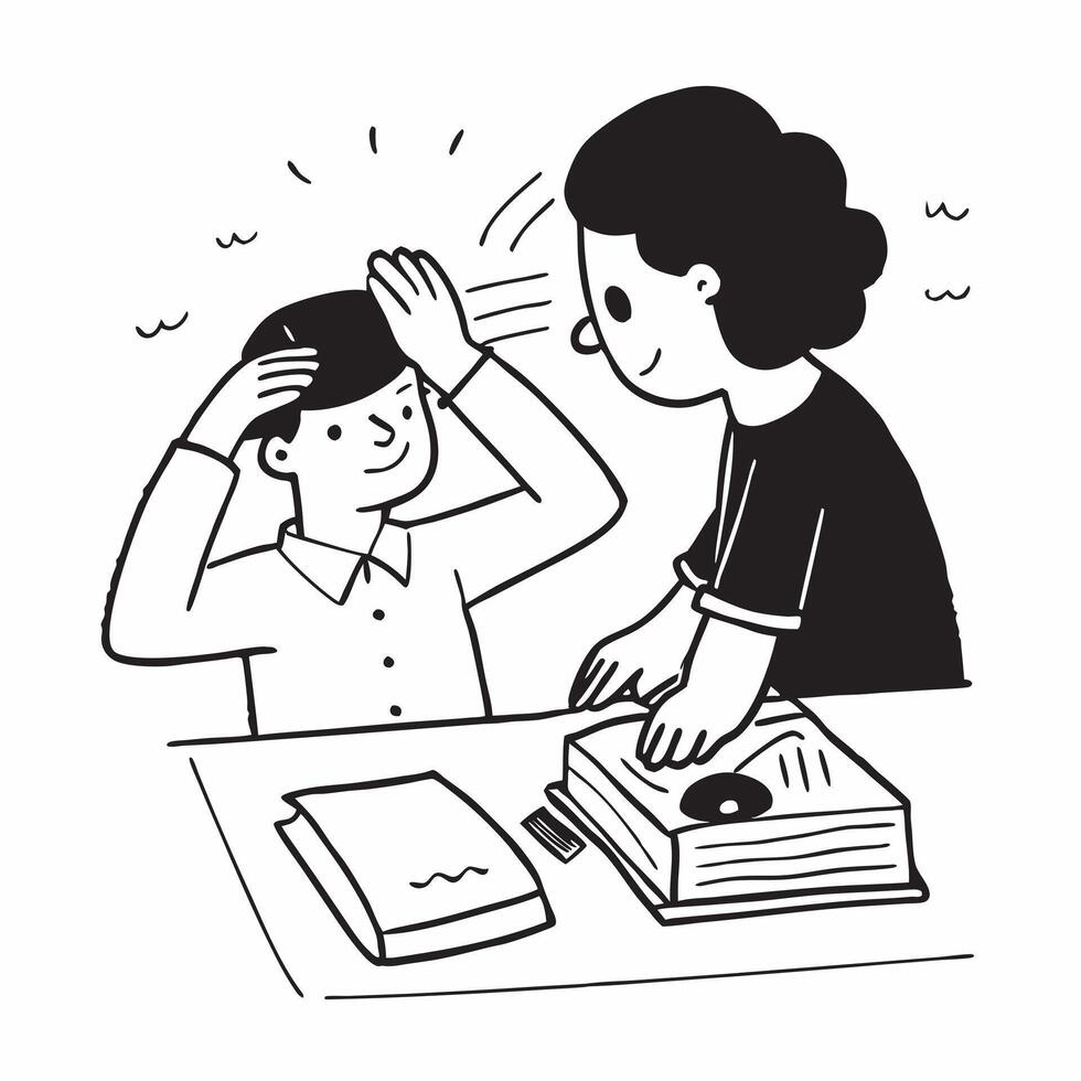 Parent using encouraging gestures while helping with homework concept as A parent using encouraging gestures while helping their child with homework emphasizing positive body langu Clear vector