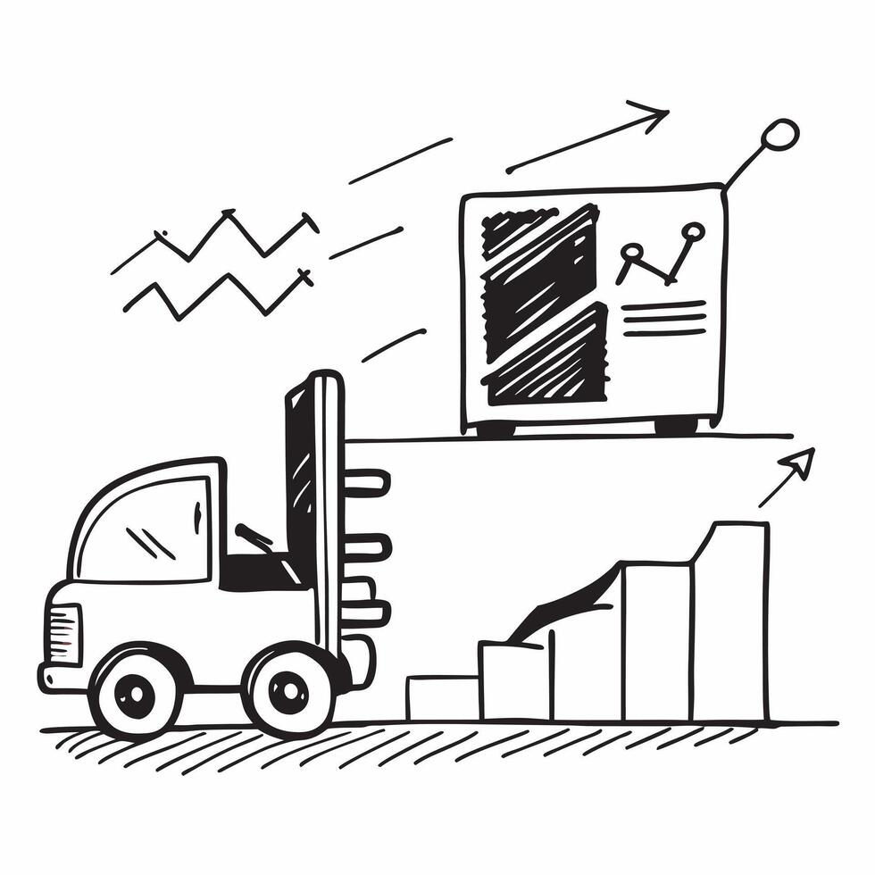 Palletizing robot and a forecast dashboard symbolizing inventory forecasting in double exposure with copy space concept as A palletizing robot blended with a forecast dashboard re Clear vector