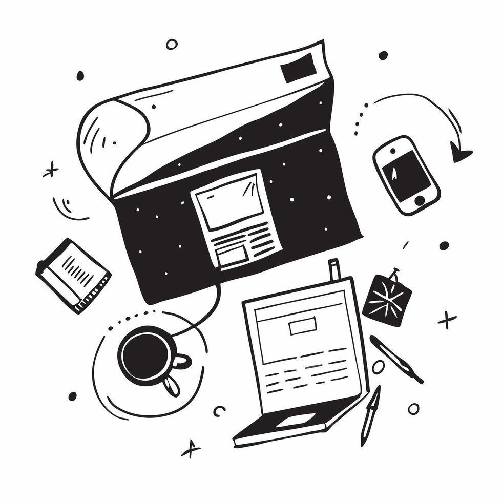 Overhead view of a workspace with a monitor and sticky notes symbolizing task management in double exposure with copy space concept as An overhead view of a workspace intertwined Clear vector