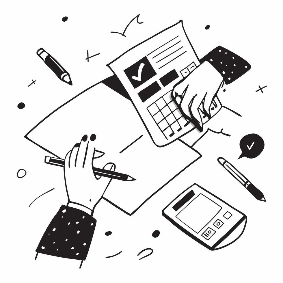 Overhead view of a workspace with a pen and calculator symbolizing calculation in double exposure with copy space concept as An overhead view of a workspace intertwined with a pen Clear vector