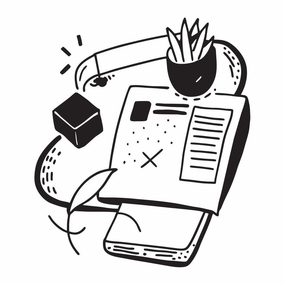 Overhead view of a workspace with a monitor and sticky notes symbolizing task management in double exposure with copy space concept as An overhead view of a workspace intertwined Clear Set 2 vector