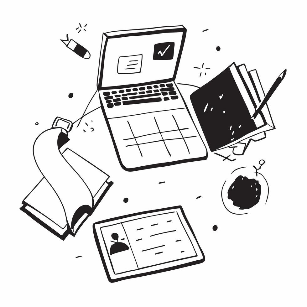 Overhead view of a workspace with a desktop computer and coffee mug symbolizing efficiency in double exposure with copy space concept as An overhead view of a workspace intertwine Clear Set 2 vector
