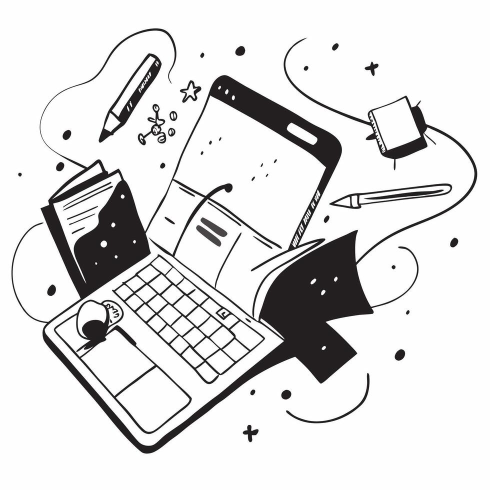 Overhead view of a workspace with a laptop and headphones symbolizing remote work in double exposure with copy space concept as An overhead view of a workspace intertwined with a Clear Set 2 vector