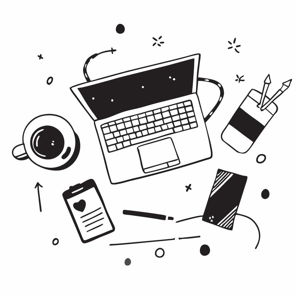Overhead view of a workspace with a desktop computer and coffee mug symbolizing efficiency in double exposure with copy space concept as An overhead view of a workspace intertwine Clear vector