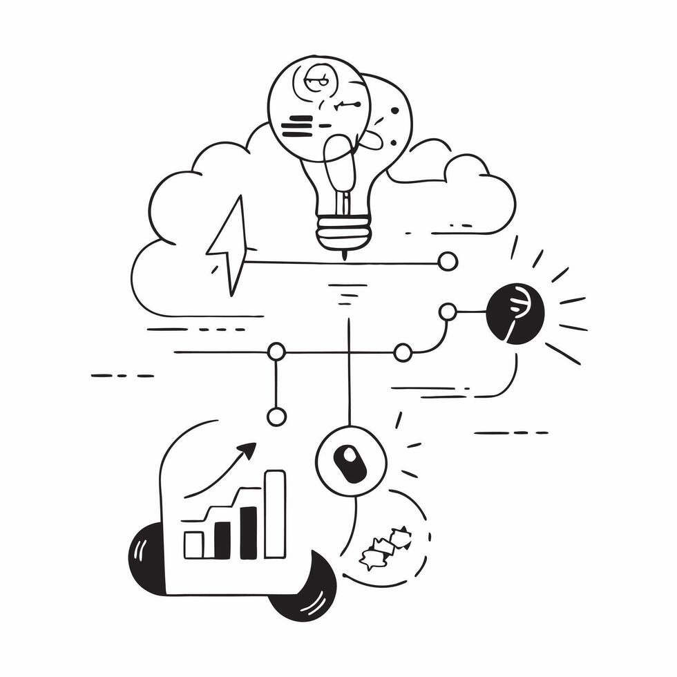 Overhead view of a tech startup with innovation cloud and tech lines overlay symbolizing startup innovation in business in double exposure with copy space concept as An overhead v Clear vector