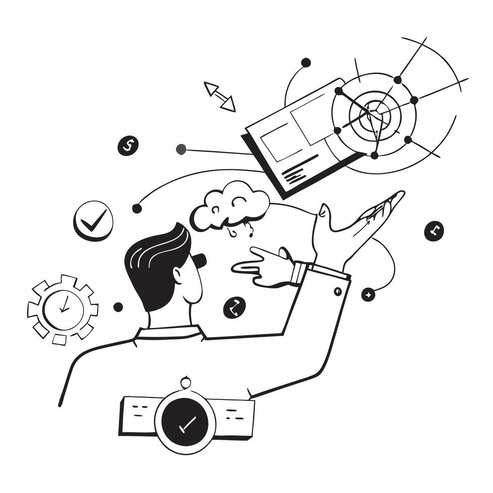 Overhead view of a tech executive with holographic interface and futuristic symbols overlay symbolizing futuristic leadership in double exposure with copy space concept as An over Clear vector