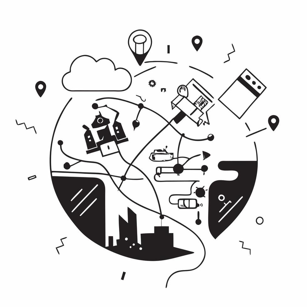 Overhead view of a manager with gears and data overlay symbolizing technological leadership in double exposure with copy space concept as An overhead view of a manager blended wit Clear vector