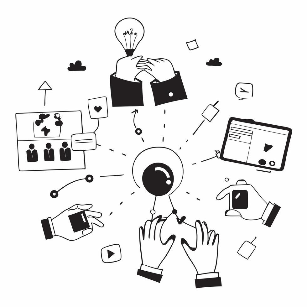 Overhead view of a leadership figure with digital grid and tech devices overlay symbolizing technological innovation in leadership in double exposure with copy space concept as An Clear Set 2 vector