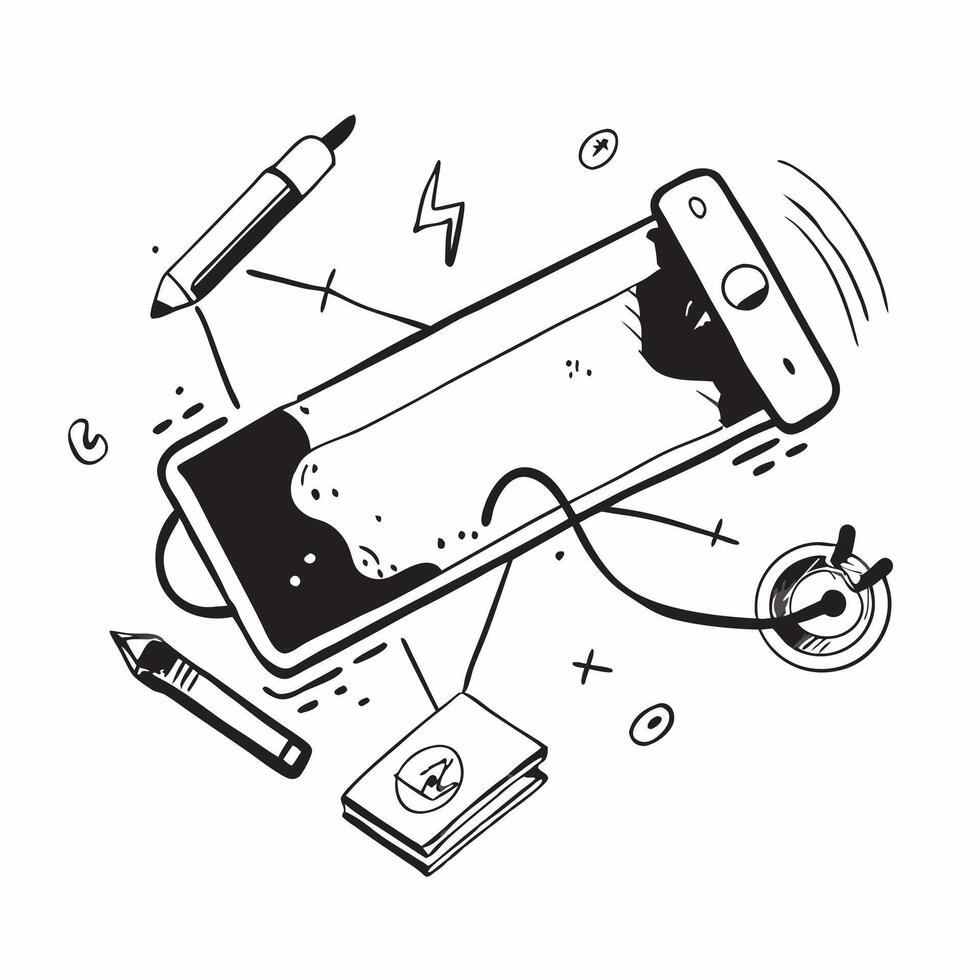 Overhead view of a desk with a smartphone and earphones symbolizing connectivity in double exposure with copy space concept as An overhead view of a desk intertwined with a smartp Clear vector