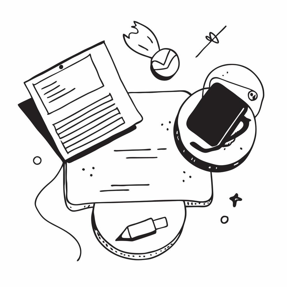 Overhead view of a desk with a plant and notebook symbolizing a balanced workspace in double exposure with copy space concept as An overhead view of a desk intertwined with a plan Clear vector