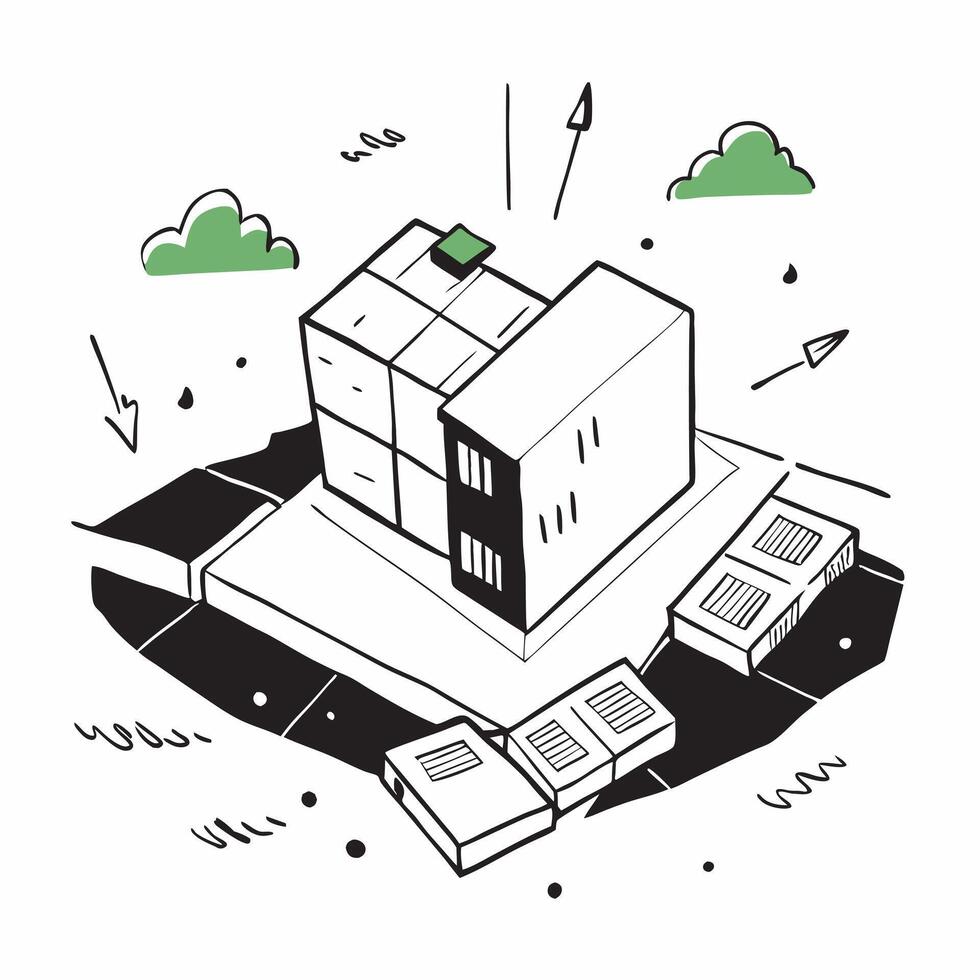 Overhead view of a commercial area with green facade overlay symbolizing eco building design in double exposure with copy space concept as An overhead view of a commercial area in Clear vector