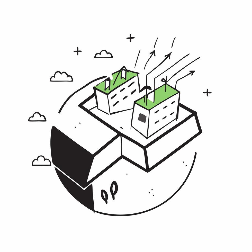 Overhead view of a cityscape with green roof overlay symbolizing sustainable architecture in double exposure with copy space concept as An overhead view of a cityscape blended wit Clear vector