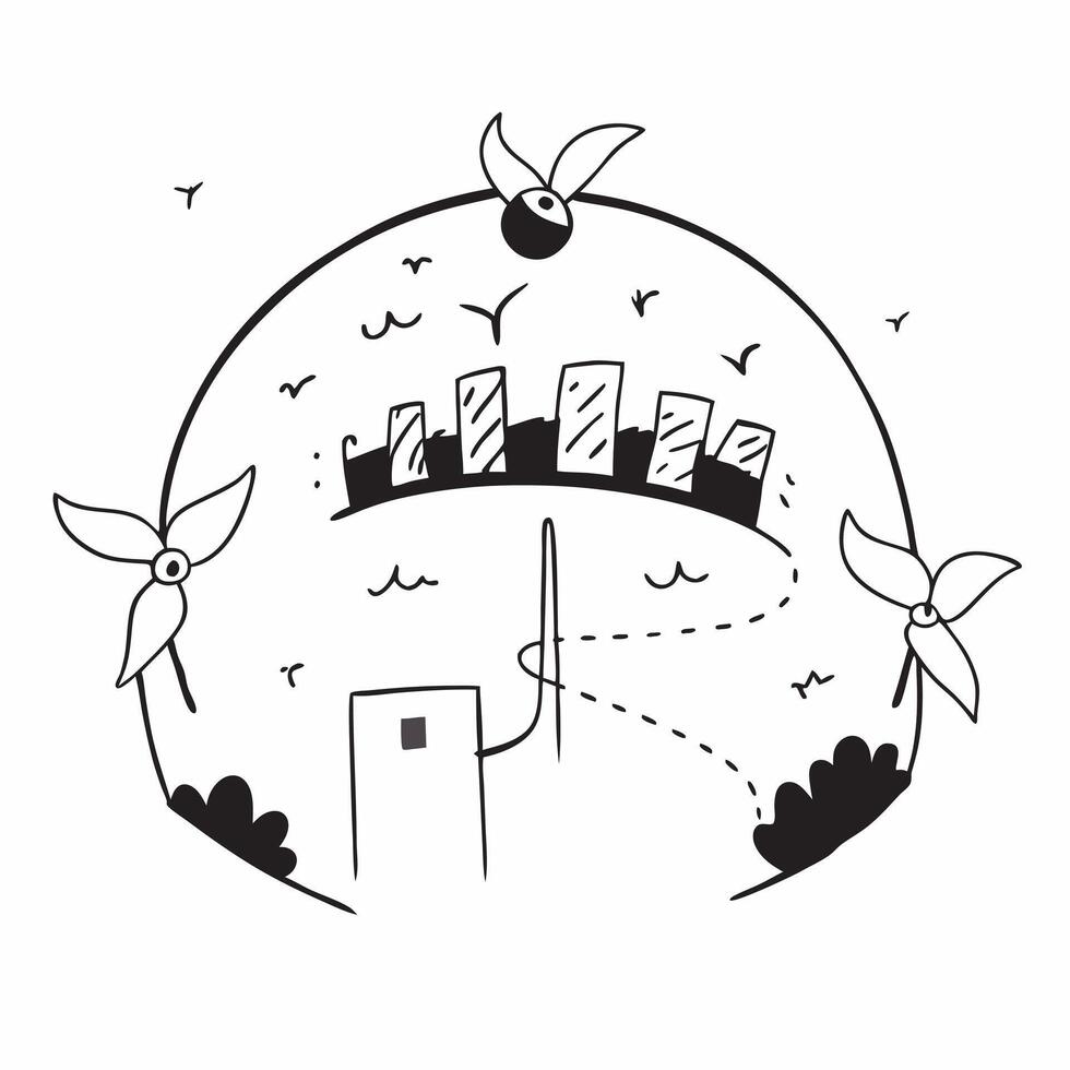 Overhead view of a city garden with wind turbine overlay symbolizing green urban power in double exposure with copy space concept as An overhead view of a city garden blended with Clear vector