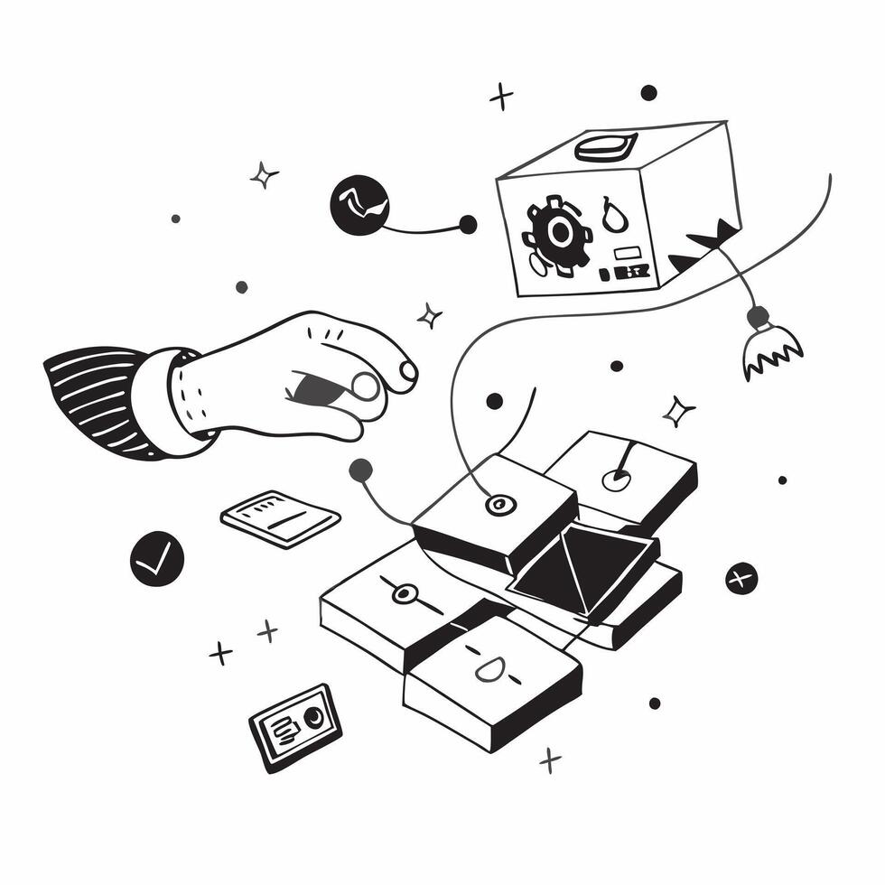 Overhead view of a business setting with cloud computing and digital symbols overlay symbolizing cloud innovation in business in double exposure with copy space concept as An over Clear Set 2 vector