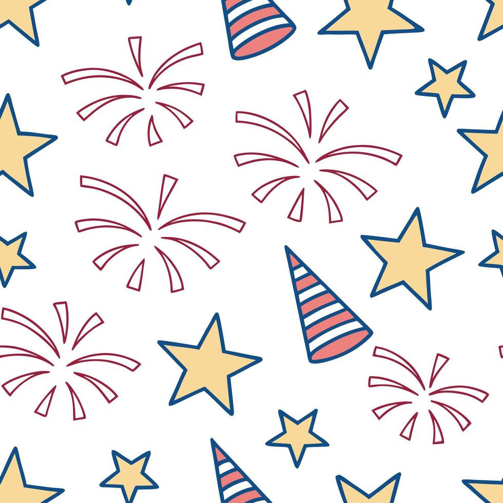 New Year seamless pattern with stars fireworks and party hats for a fun lively celebration feel concept as Fun New Year pattern with stars fireworks and party hats ideal for an ene Clear vector