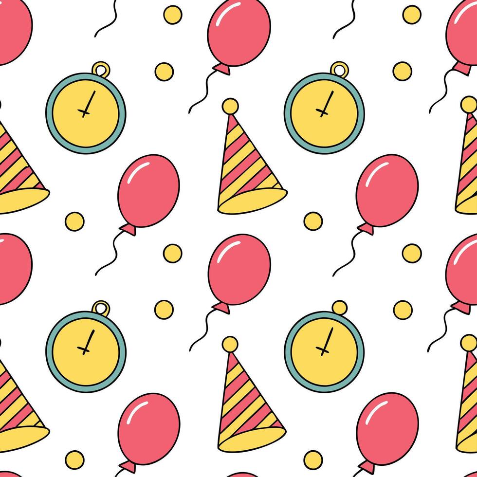 New Year seamless pattern with vibrant balloons party hats and countdown clocks for a high energy fun celebration theme concept as Fun New Year pattern with balloons party hats and Clear vector