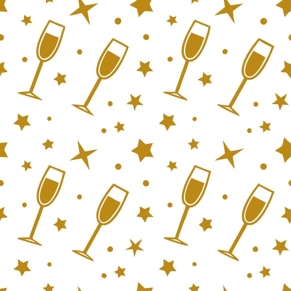New Year seamless pattern with gold confetti sparkling stars and champagne glasses for an upscale New Year Eve look concept as Upscale New Year pattern with gold confetti sparkling Clear vector