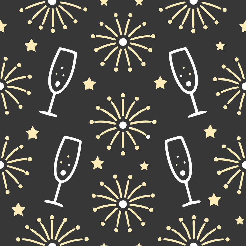 New Year seamless pattern with elegant 2023 numbers champagne flutes and fireworks for a classy celebratory design concept as Classy New Year pattern with 2023 numbers champagne fl Clear vector
