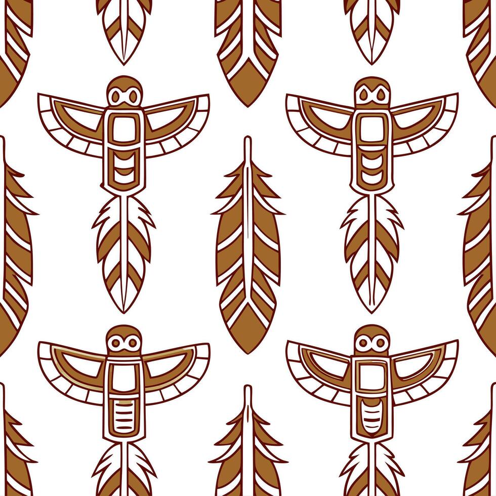 Native American totem poles and feathers seamless tile pattern with earthy tones and cultural motifs for authentic decor concept as Earthy toned totem poles and feathers arranged s Clear Set 2 vector