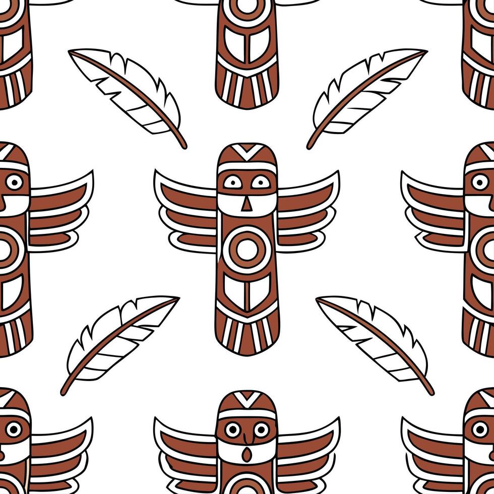 Native American totem poles and feathers seamless tile pattern with earthy tones and cultural motifs for authentic decor concept as Earthy toned totem poles and feathers arranged s Clear vector