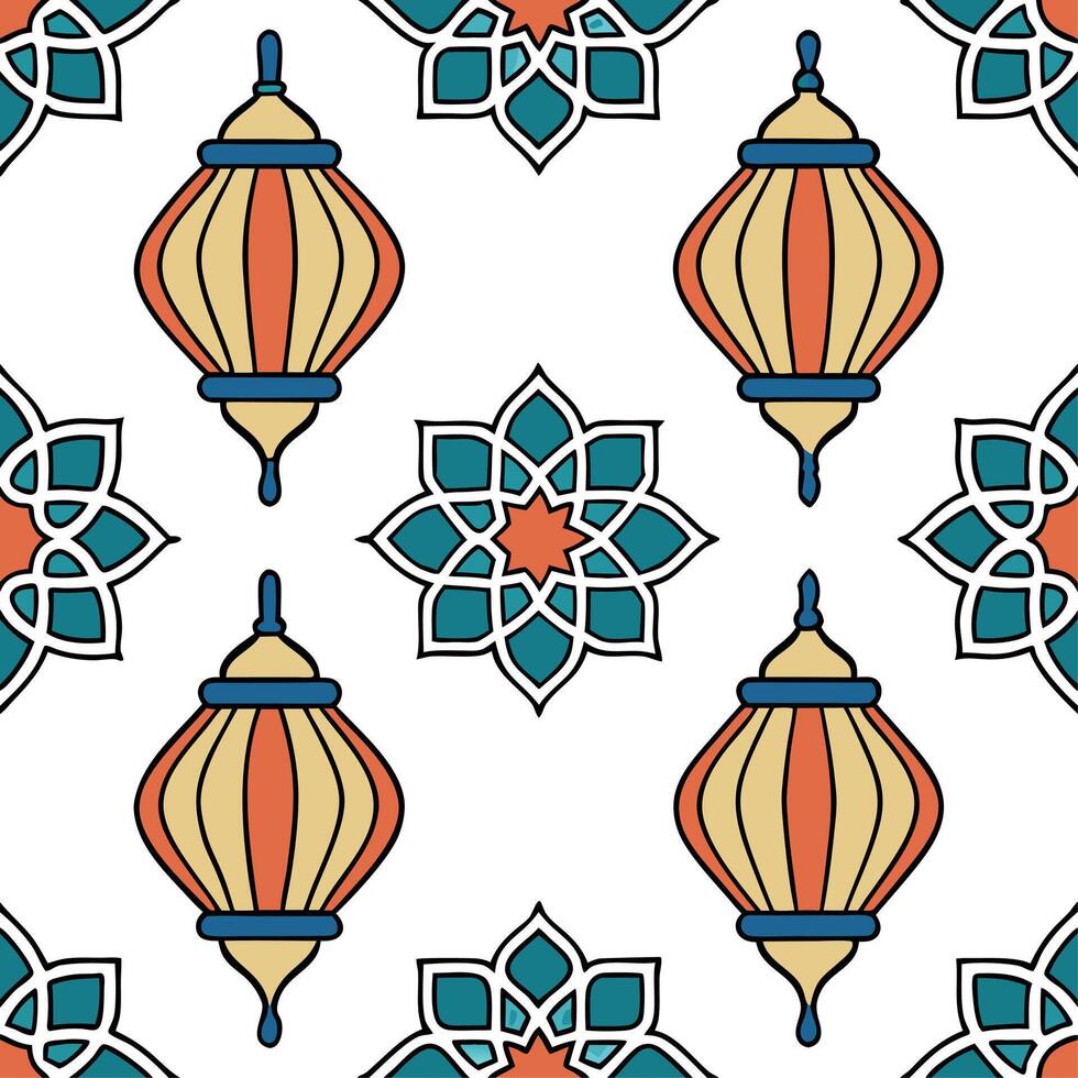 Moroccan tiles and lanterns seamless pattern with intricate designs and vibrant colors for exotic decor concept as Intricate Moroccan tiles and vibrant lanterns arranged seamlessly Clear vector