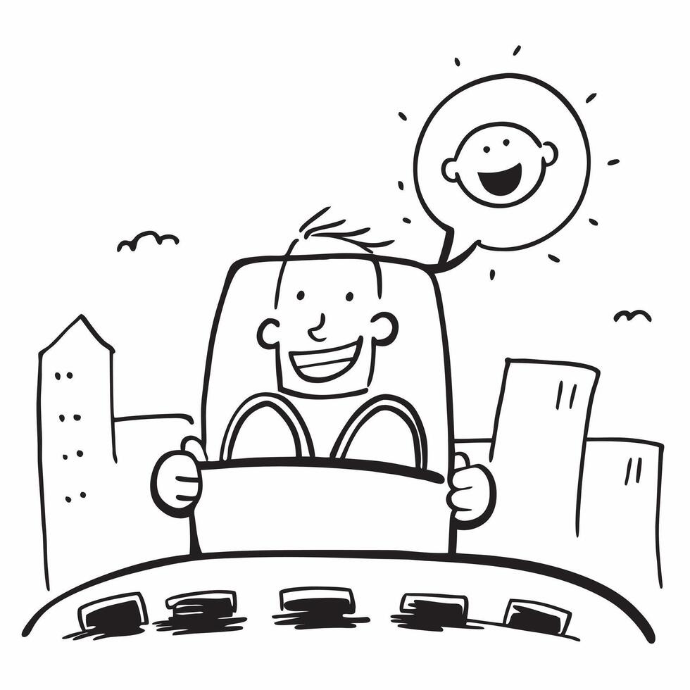 Morning Commute concept as A driver smiling as they start their day with a peaceful morning drive the city skyline glowing in the background in Photo Stock Concept Clear vector
