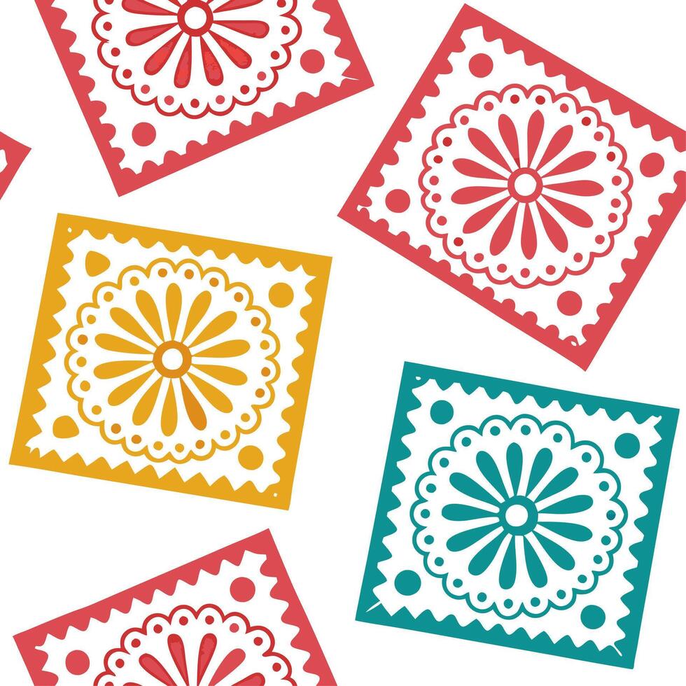 Mexican Papel Picado seamless tile pattern with vibrant colors and intricate cut out designs for festive decor concept as Vibrant papel picado cut out designs arranged seamlessly f Clear vector