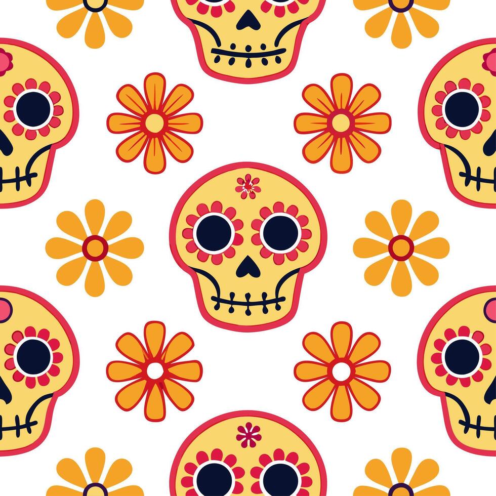Mexican Day of the Dead skulls and marigolds seamless tile pattern with bright colors and intricate details for festive decor concept as Brightly colored skulls and intricate marig Clear vector
