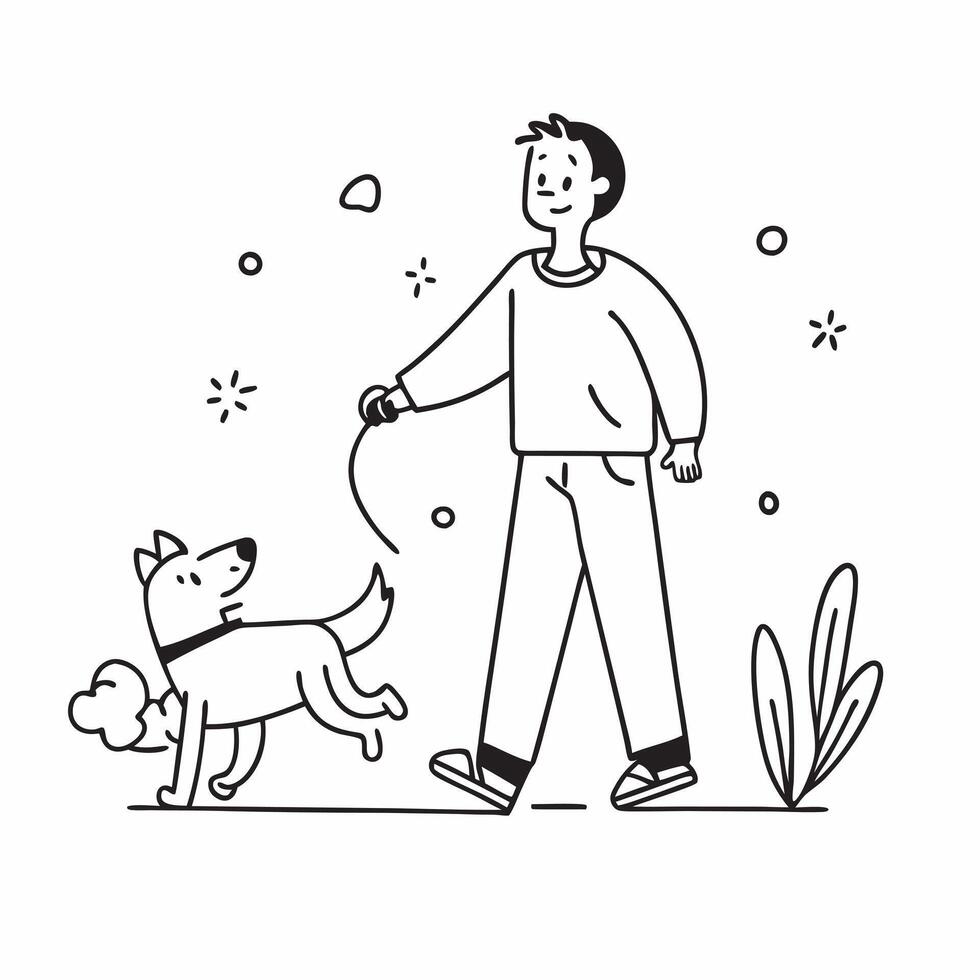 Man with Down syndrome walking his dog in the neighborhood concept as A man with Down syndrome joyfully walking his dog in the neighborhood emphasizing their strong bond and the be Clear vector