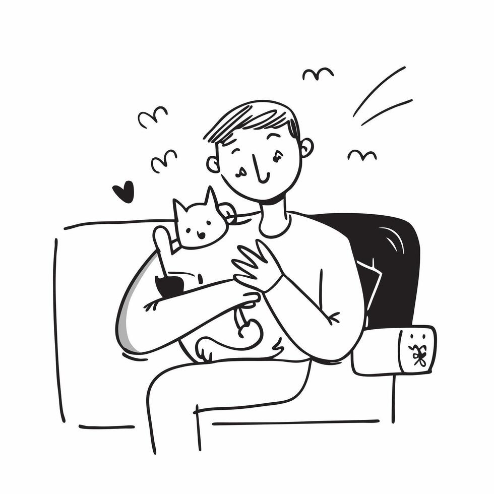 Man with Down syndrome cuddling his cat on the couch concept as A man with Down syndrome joyfully cuddling his cat on the couch showcasing the deep emotional connection and comfort Clear vector