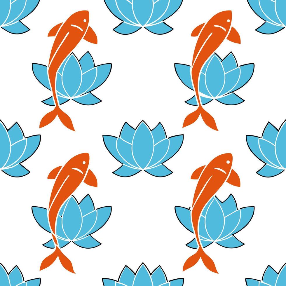 Japanese koi fish and lotus seamless tile pattern with vibrant oranges and serene blues for tranquil decor concept as Vibrant orange koi fish and serene blue lotuses arranged seaml Clear vector